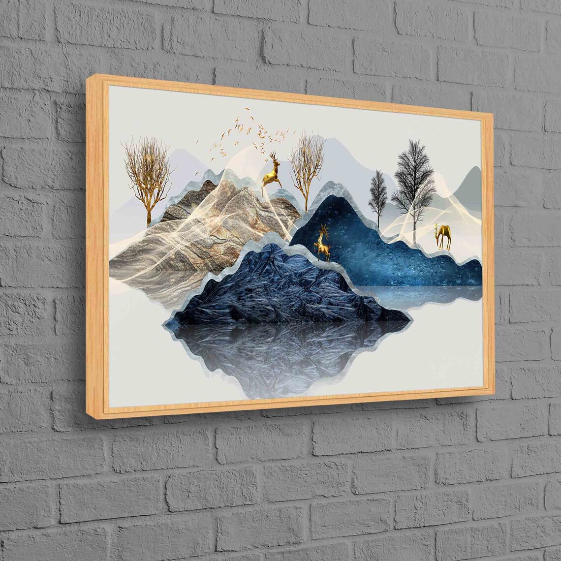 Gold Deer Abstract Forest Mountain Art Print