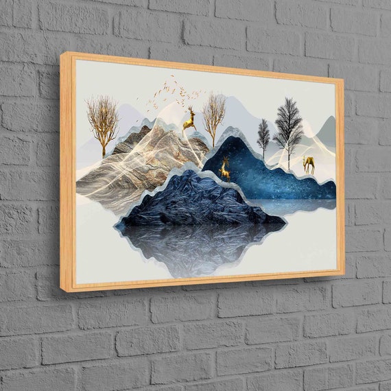 Gold Deer Abstract Forest Mountain Art Print