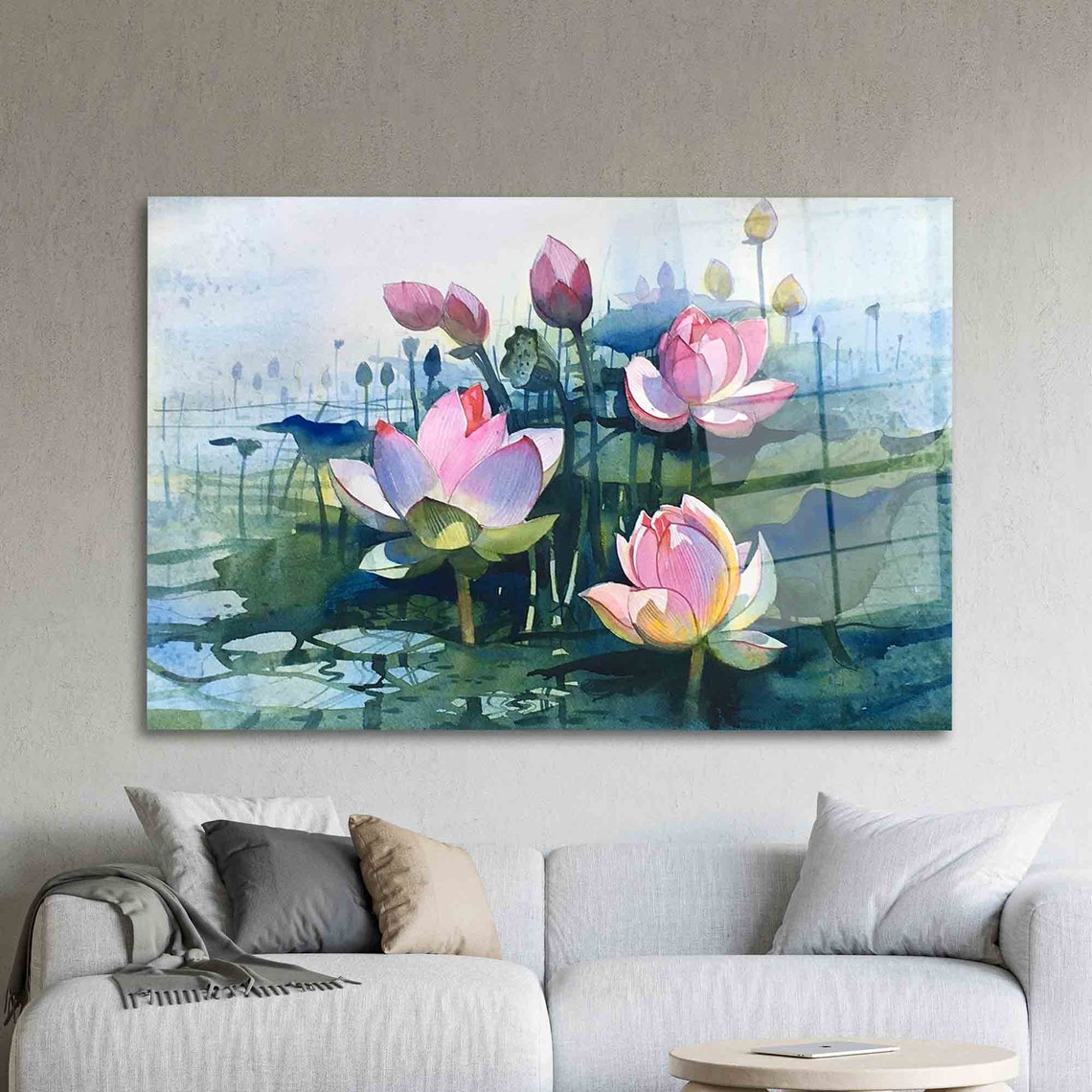 Pink Lotus Flowers Watercolor Pond Bloom Botanical Art Poster