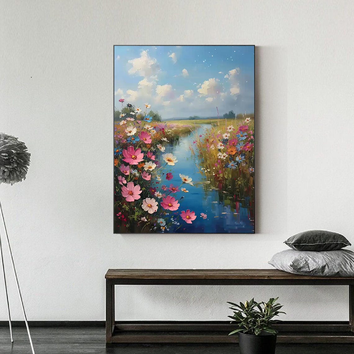 Wildflowers Along Winding River Blue Sky Vertical Oil Painting Poster - Image 2
