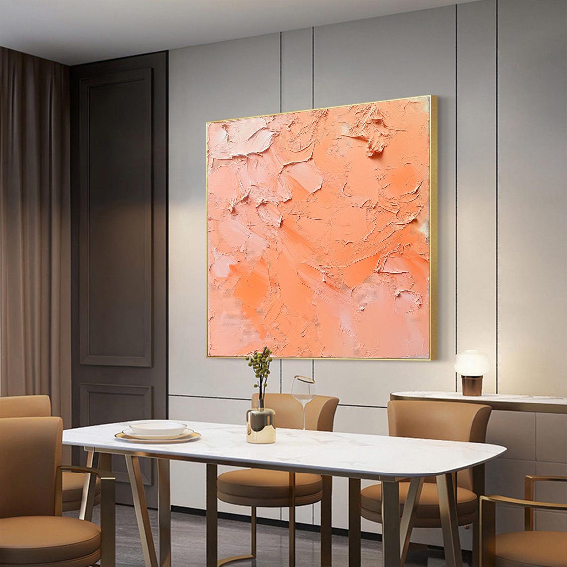 Peach Orange Palette Knife Textured Abstract Painting Warm Wall Art - Image 4