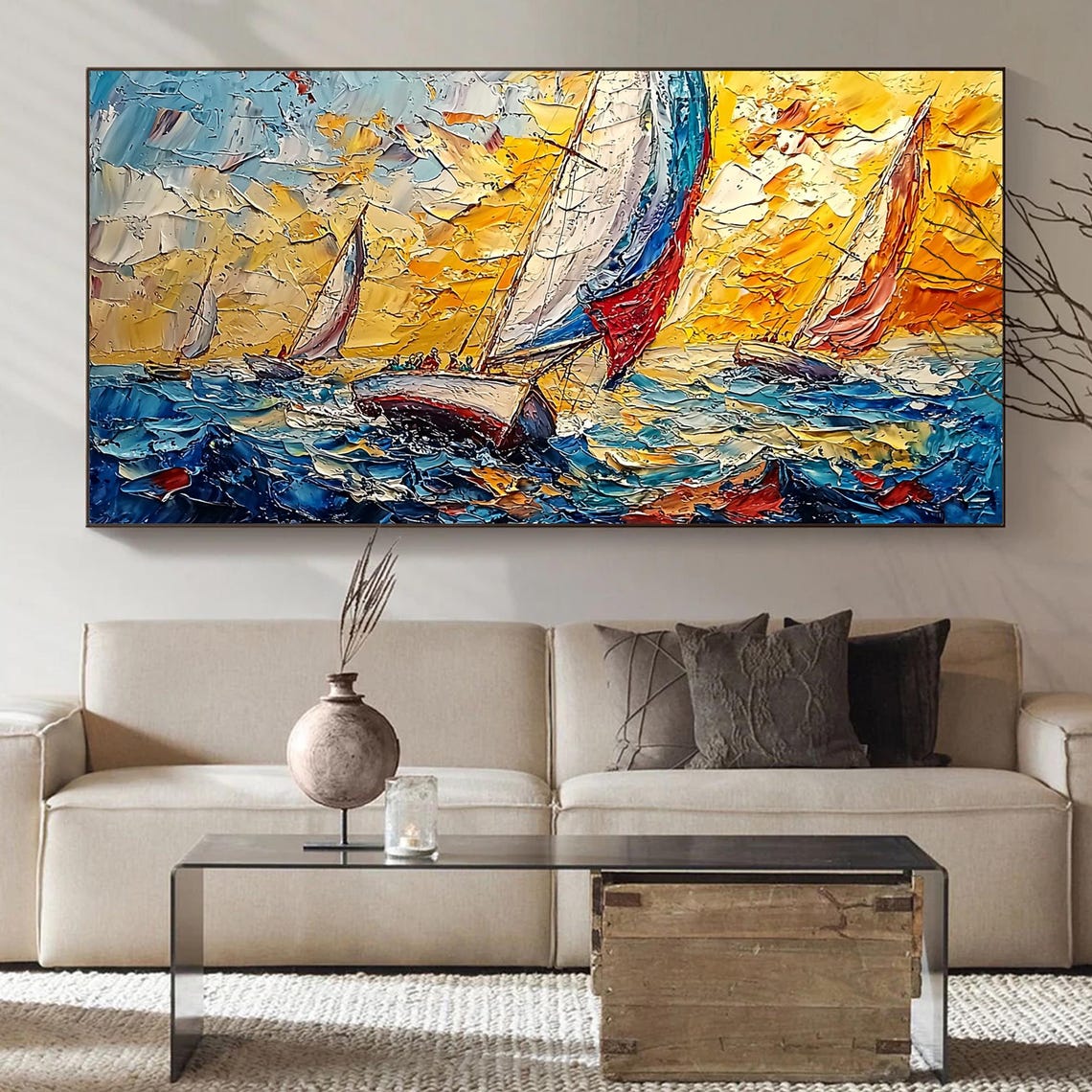Sailboats At Sunset Golden Sky Textured Ocean Seascape Oil Painting - Image 4