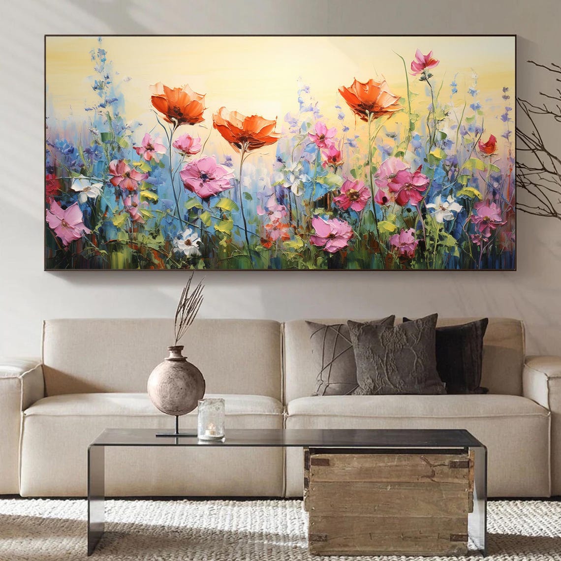Wildflower Meadow Red Poppies Yellow Sky Abstract Oil Painting Poster - Image 2