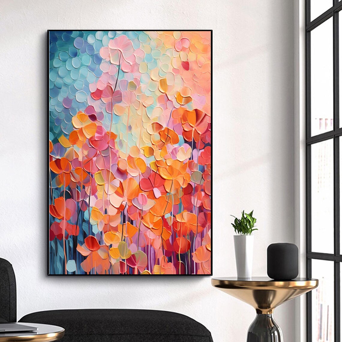 Pink Orange Blossoms Abstract Impasto Flower Field Oil Painting Poster - Image 4