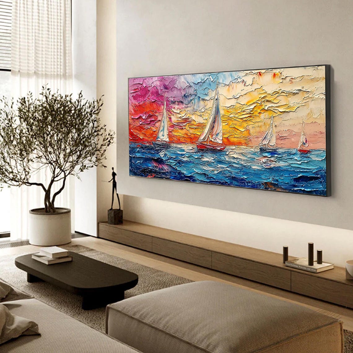Colorful Sailboat Sunset Seascape Magenta Sky Textured Ocean Wall Art - Image 4