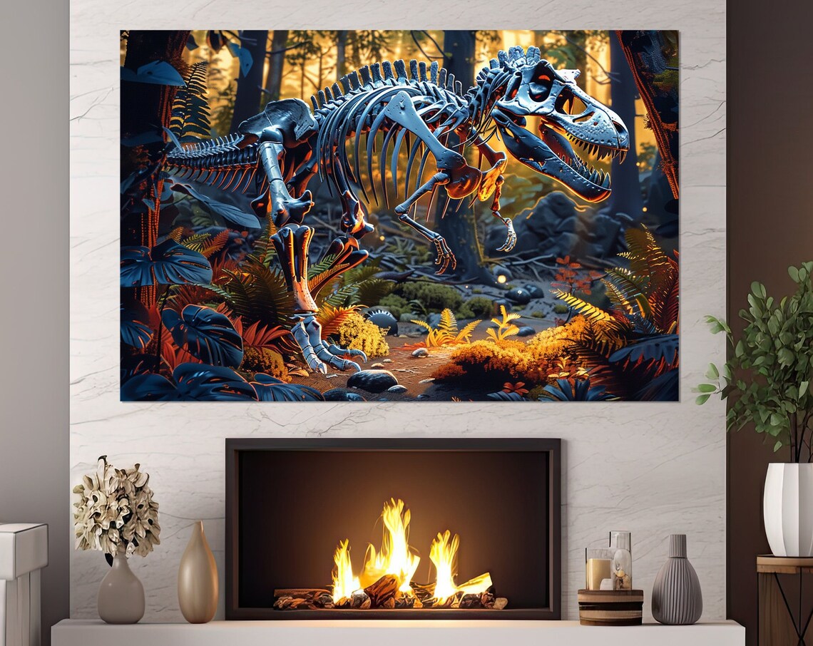 Tyrannosaurus Rex Skeleton Prehistoric Jungle Sunset Museum Wall Art