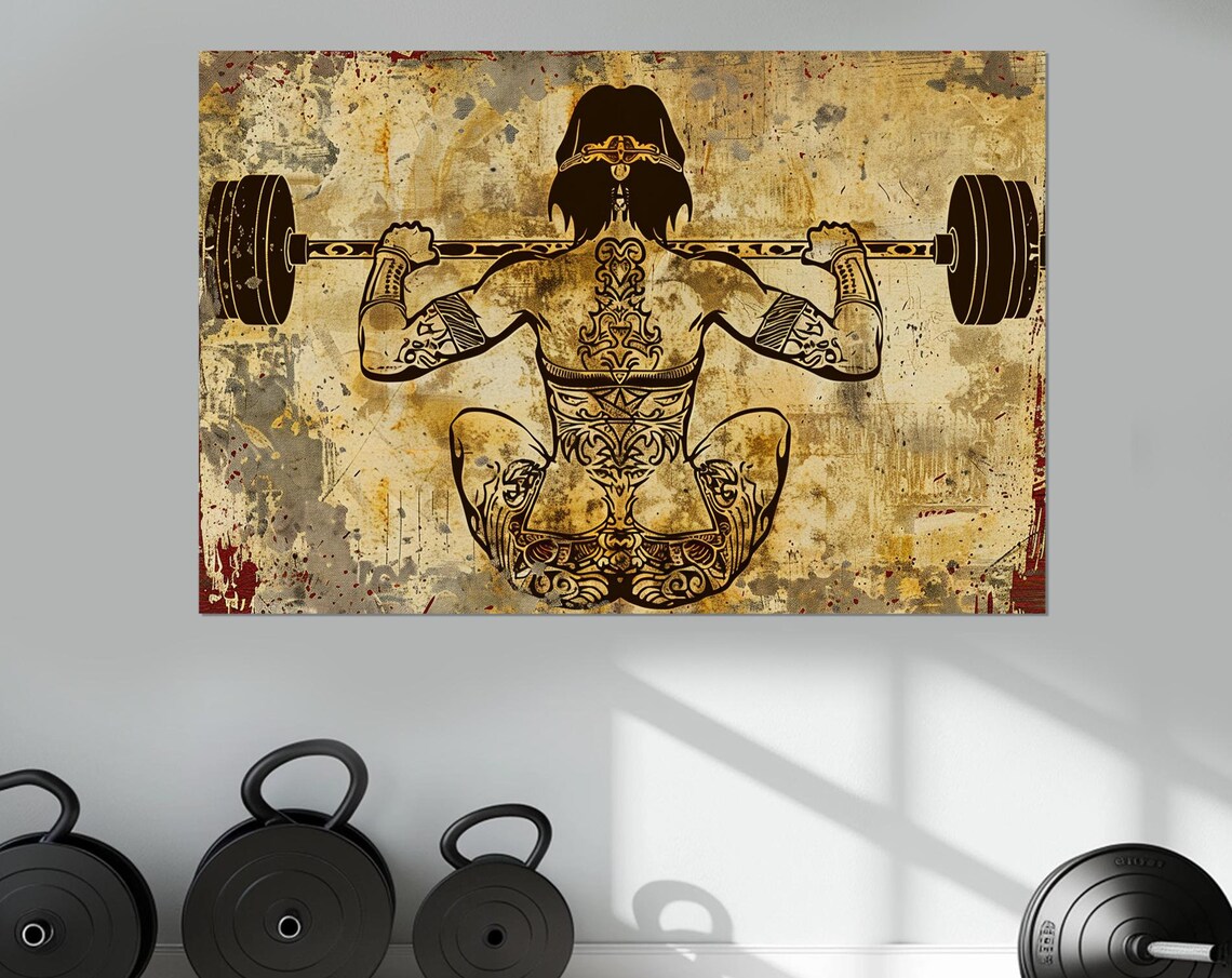 Woman Barbell Squat Tribal Tattoo Vintage Grunge Gym Wall Poster