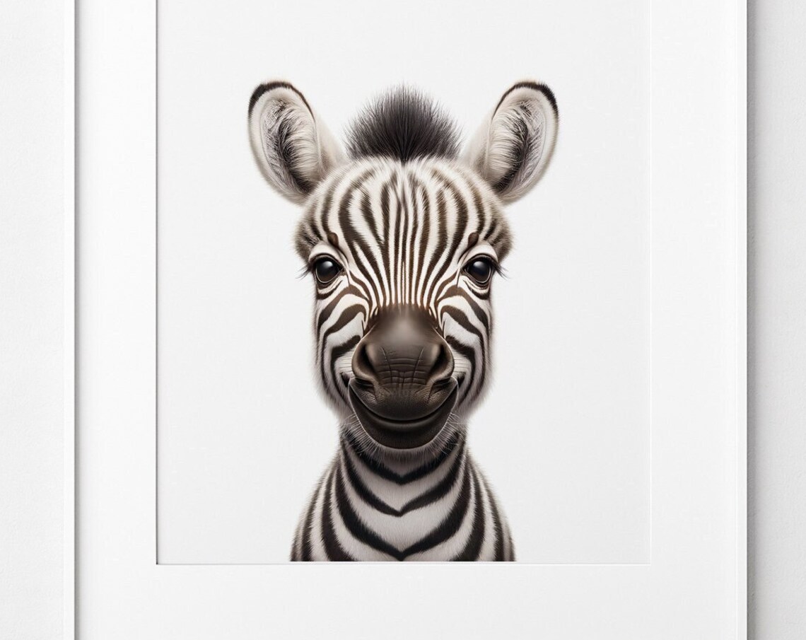 Baby Zebra Portrait Safari Animal Print Nursery Kids Room Black White Art