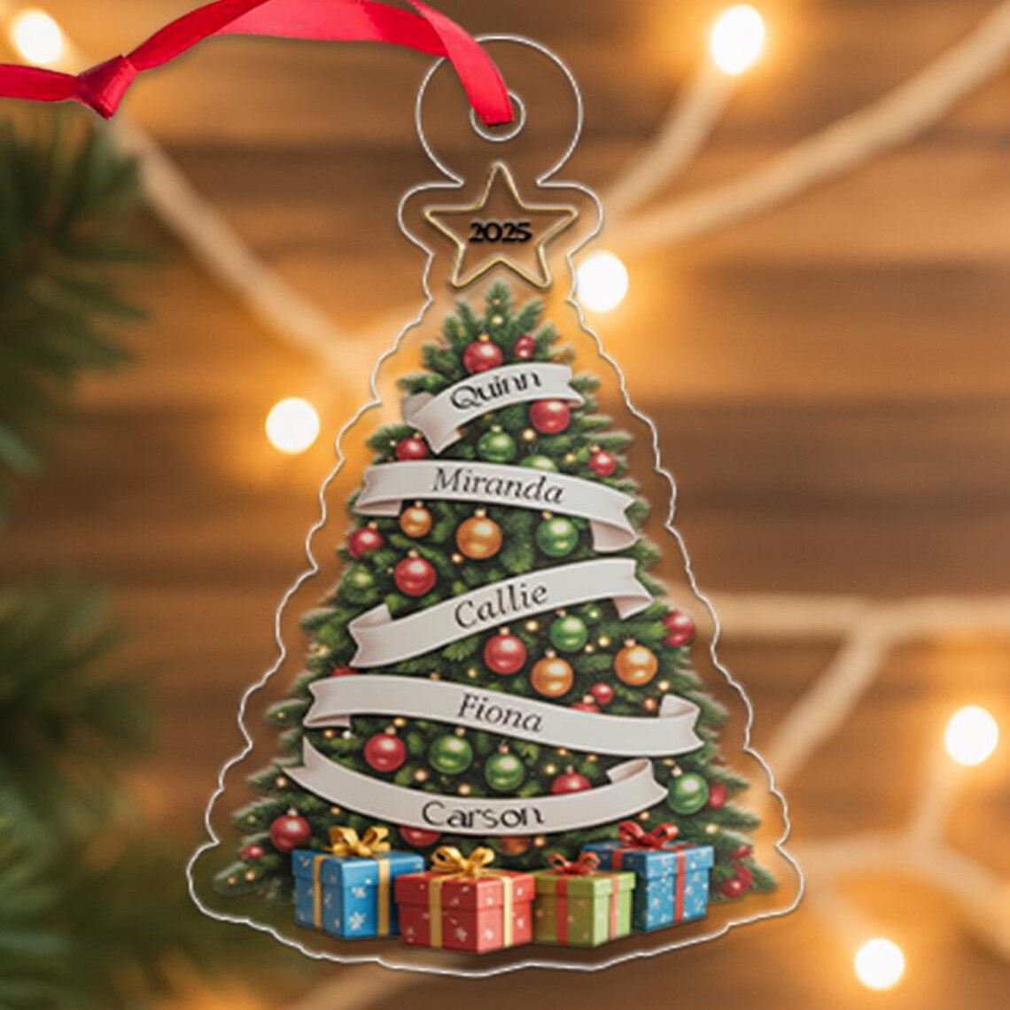 Personalized Family Names Christmas Tree Ornament 2025 Ribbon Gift Poster