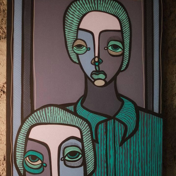 Cubist Two Faces Green Modern Abstract Portrait Gallery Art Poster