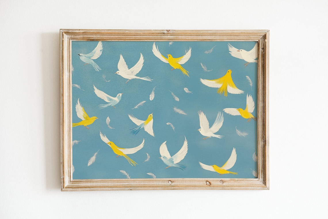 Yellow and White Birds in Flight Blue Sky Abstract Painting Poster