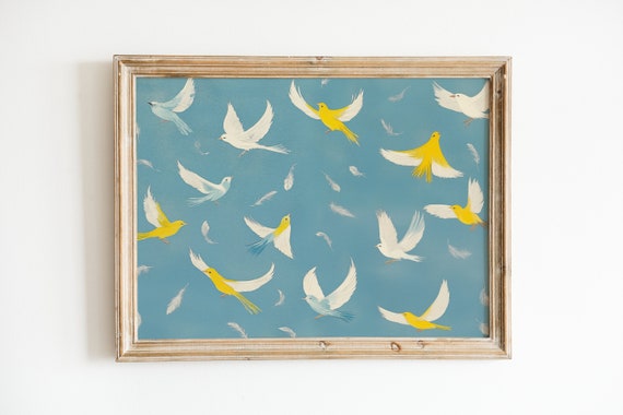 Blue Birds Abstract Painting Girl Apartment Art Wall Decor Print Girly Office