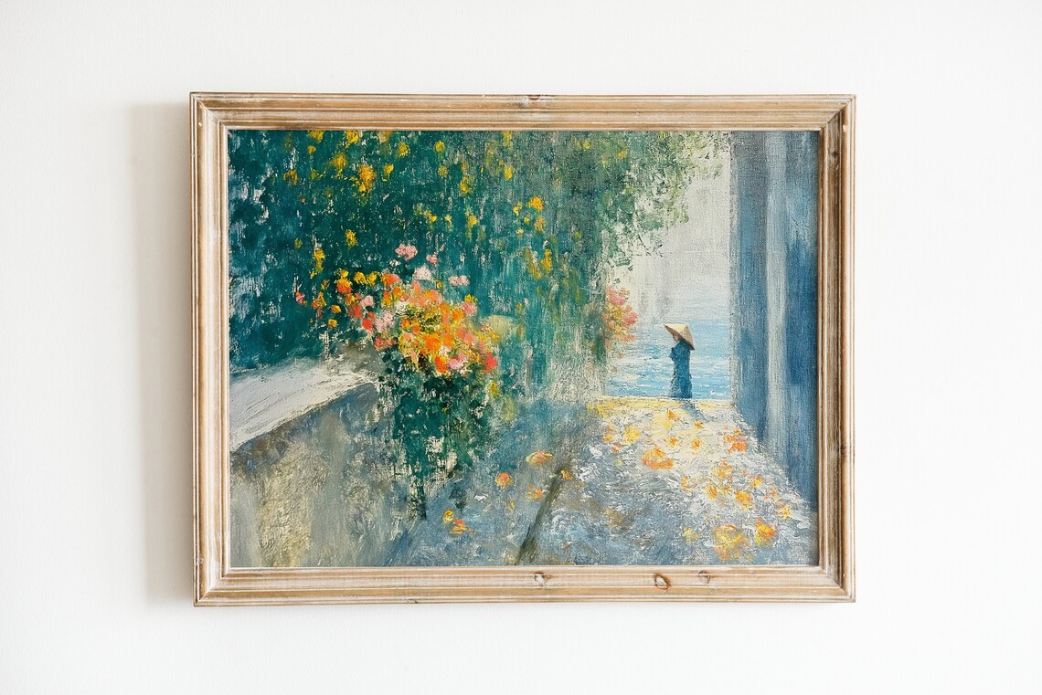 Impressionist Flower Alley By The Sea Watercolor City Art Poster
