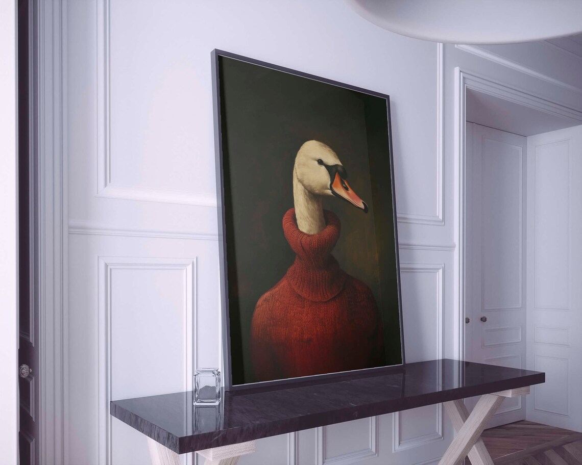 Swan Wearing Red Sweater Vintage Oil Painting Portrait Style Poster