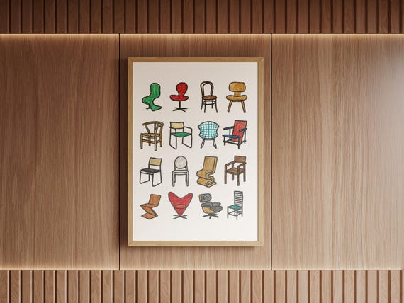 Designer Chair Art Print Iconic Midcentury Modern Illustration Colorful Pop Furniture Poster Architectural Wall Decor