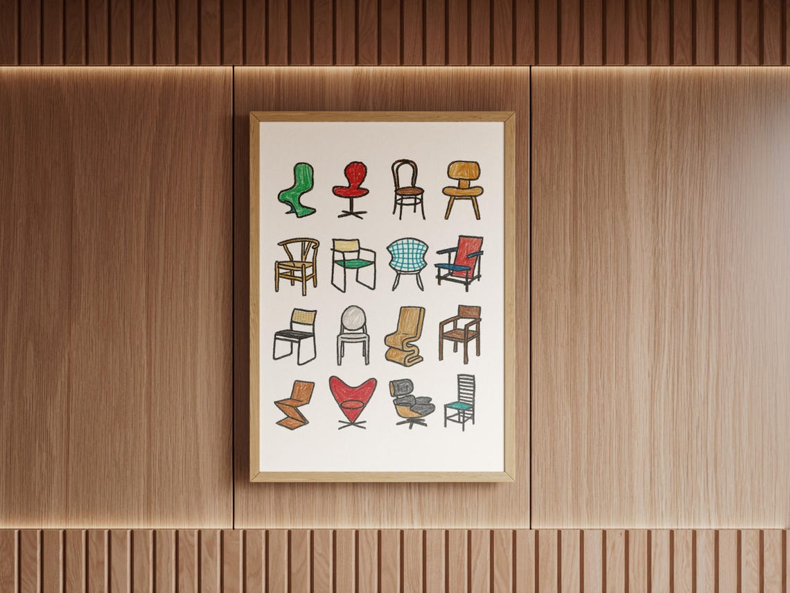 Iconic Midcentury Modern Designer Chairs Chart Illustrated Wall Poster