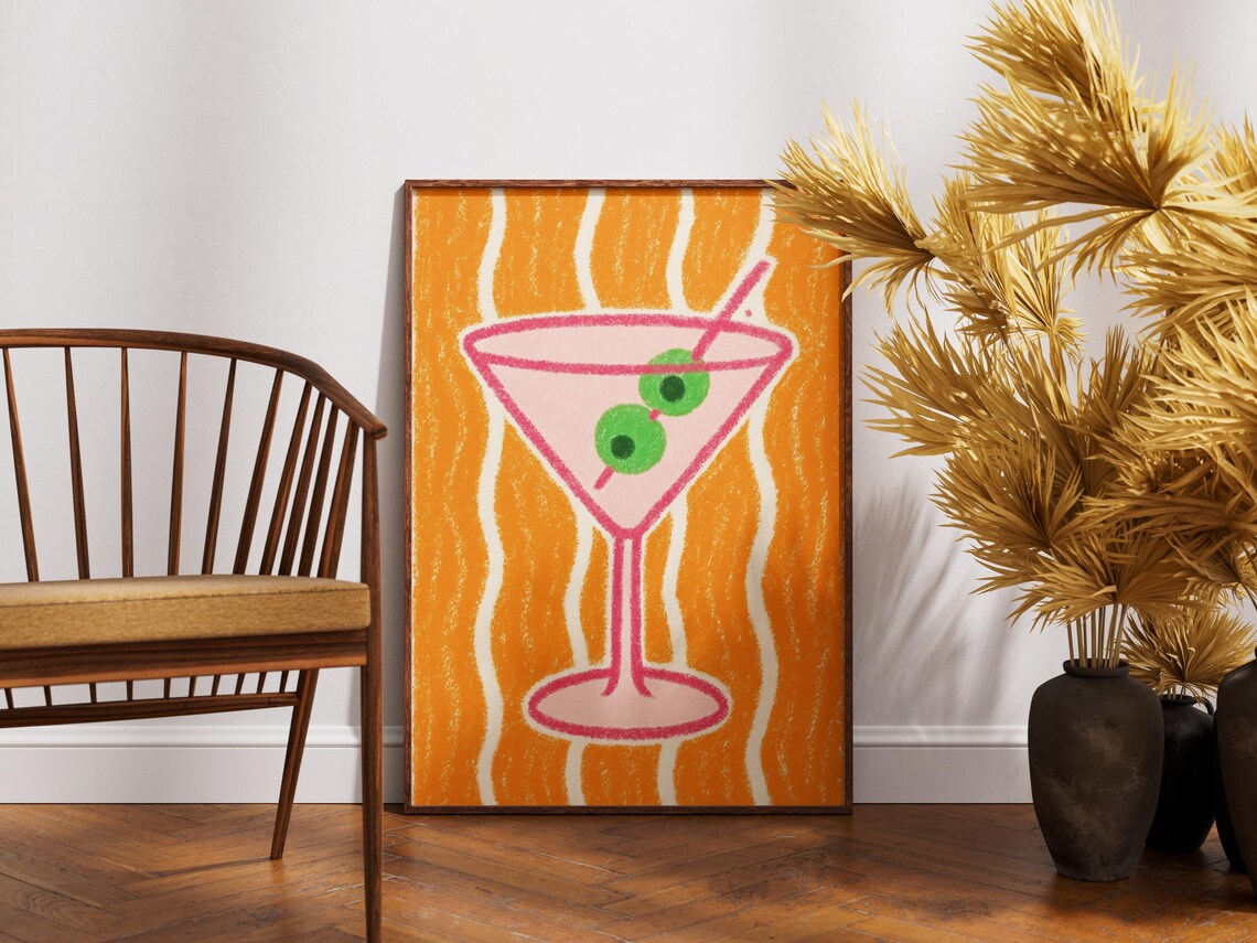 Playful Pink Martini Glass with Olives Bold Orange Pop Art Poster