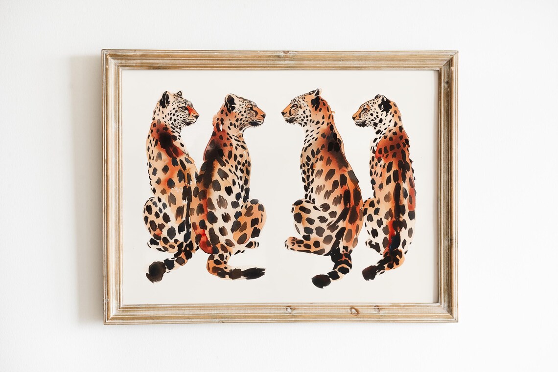Four Spotted Cheetahs Sitting in a Row in Watercolor Animal Style Poster