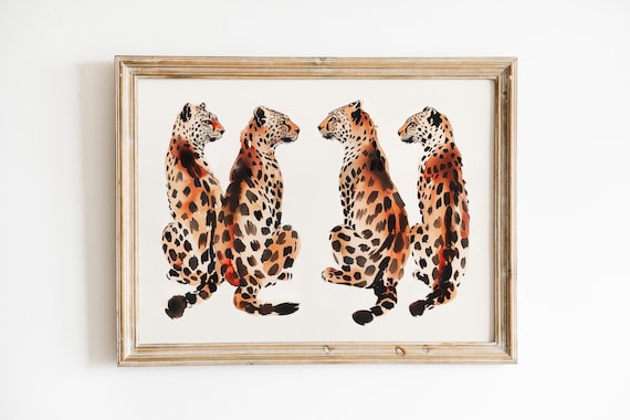 Four Spotted Cheetahs Sitting in a Row in Watercolor Animal Style Poster