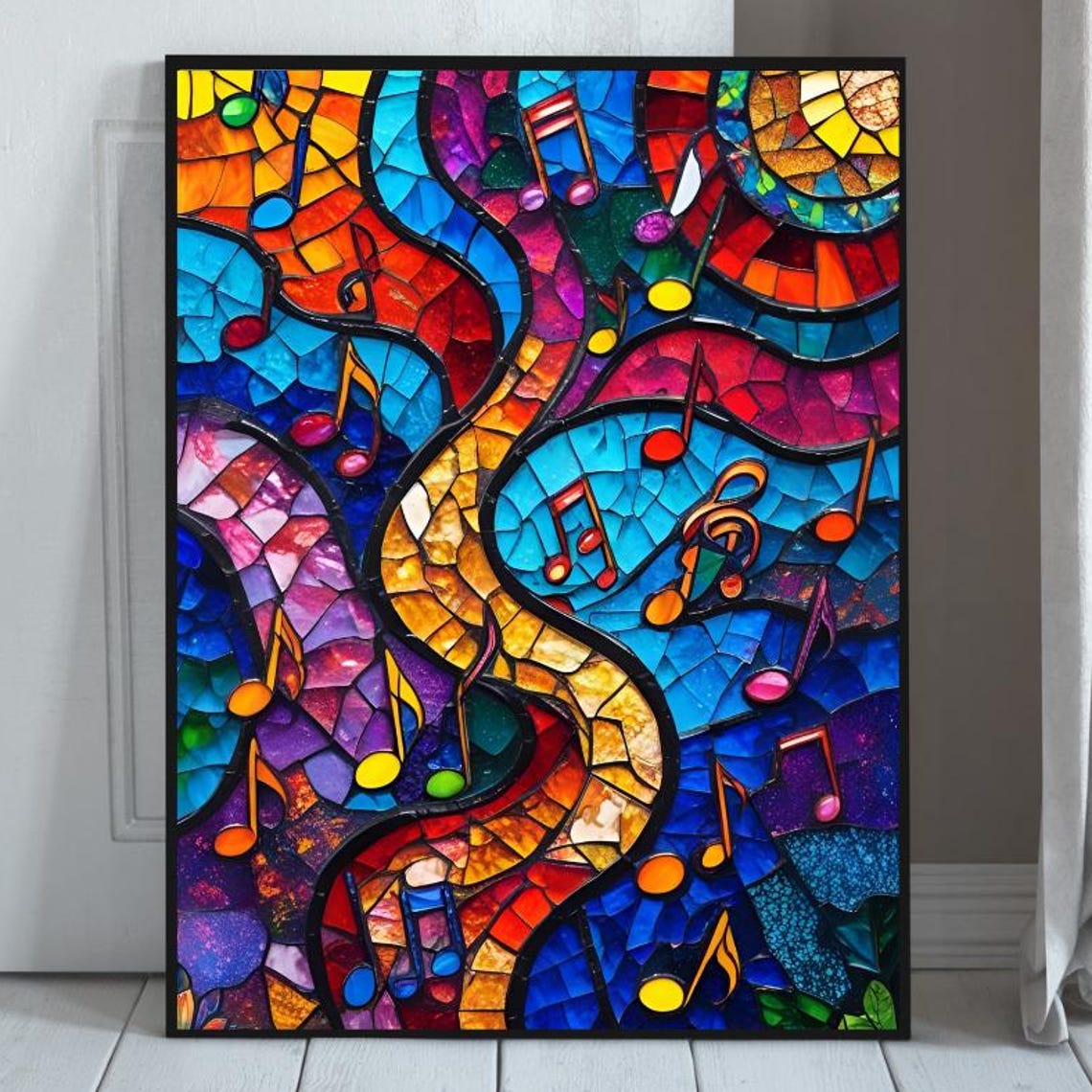 Vibrant Stained Glass Waves with Music Notes Mosaic Art Poster