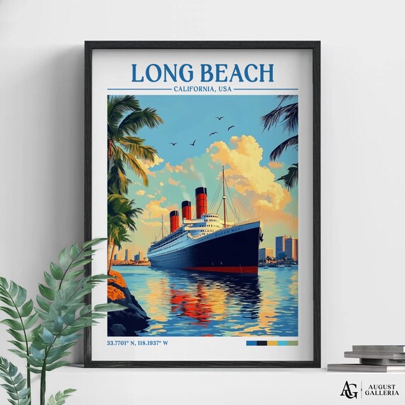 Long Beach California Queen Mary Ocean Liner Retro Travel Poster