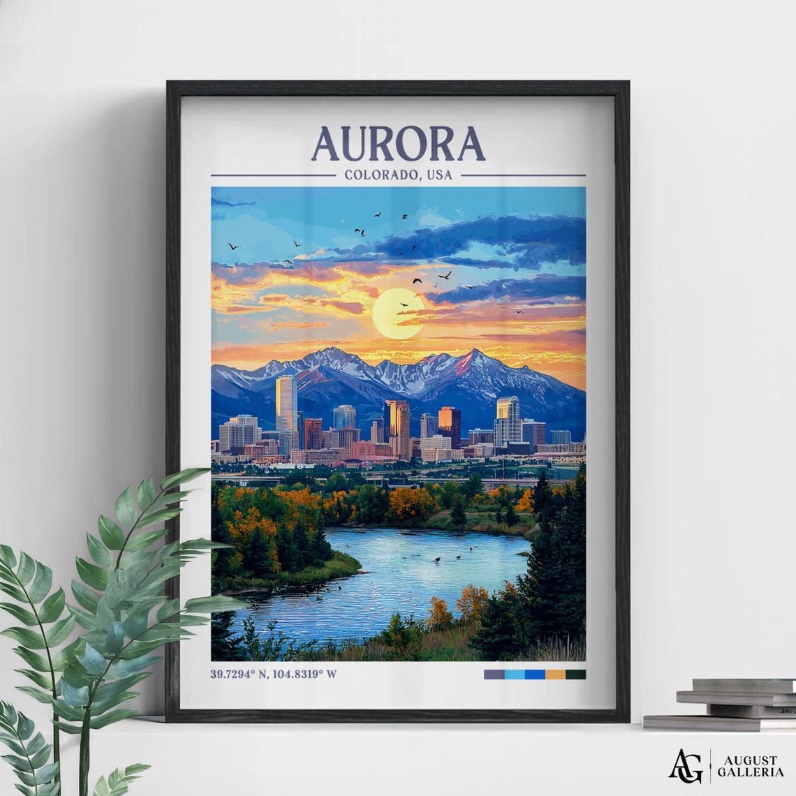 Aurora Colorado Mountain Sunset City Skyline Lake Travel Poster