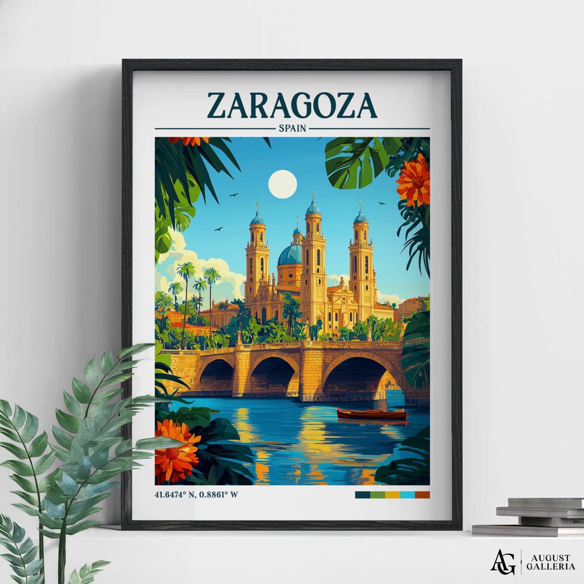 Zaragoza Spain Retro Travel Print Wall Art Framed Canvas Poster Illustration Wanderlust
