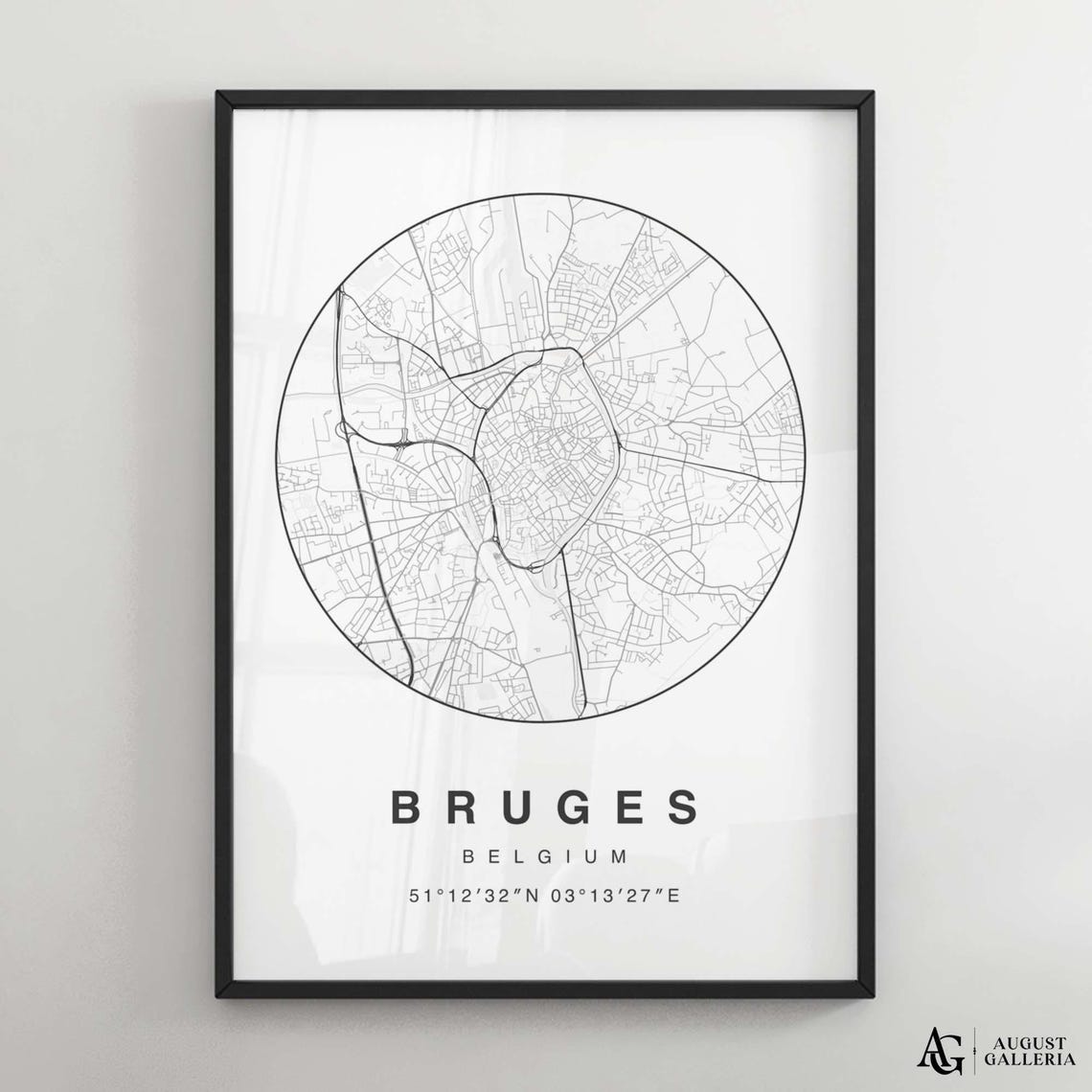 Bruges Belgium Minimalist Black and White Circular City Map Print