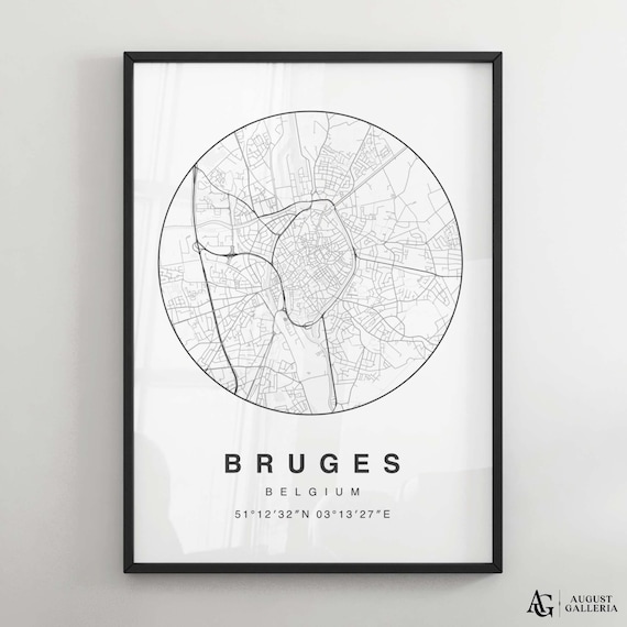 Bruges Belgium Minimalist Black and White Circular City Map Print