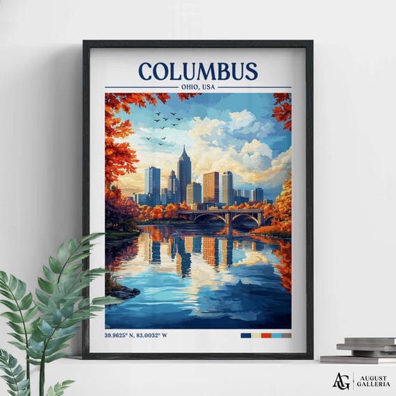 Columbus Ohio Retro Travel Print Wanderlust Posters Illustration Wall Art Framed Prints Canvas Poster