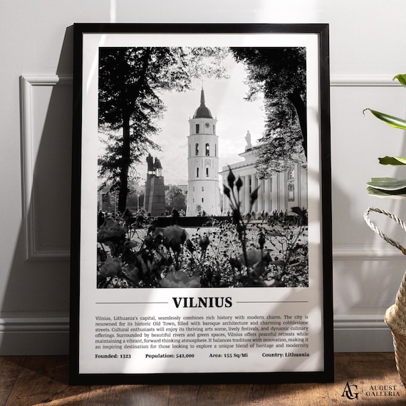 Vilnius Lithuania Black and White City Cathedral Bell Tower Poster