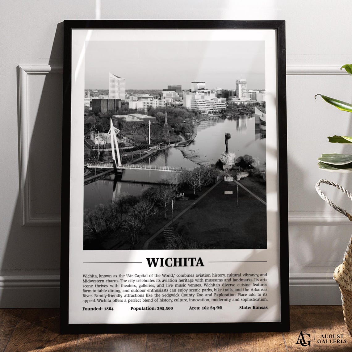 Wichita Kansas Black and White City Riverfront Skyline Poster