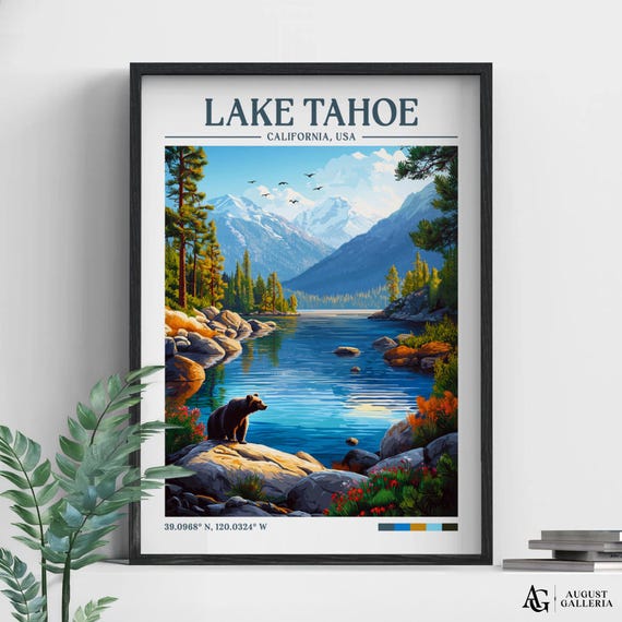 Lake Tahoe Retro Travel Print Wanderlust Posters Illustration Wall Art Framed Prints Canvas Poster