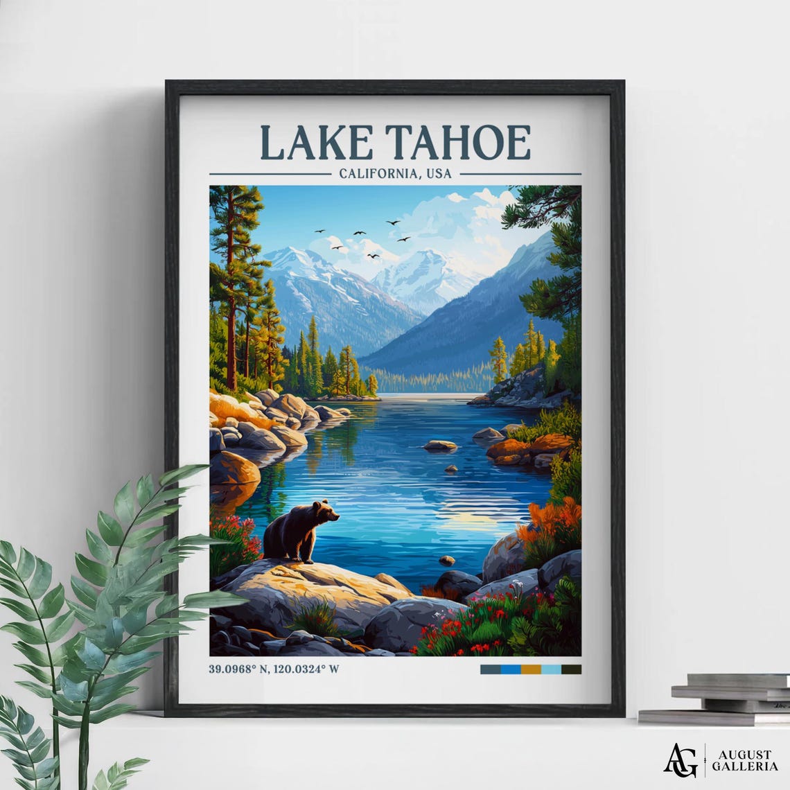Lake Tahoe California Retro Travel Poster Mountain Lake Bear