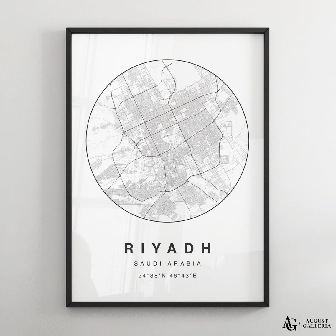 Riyadh Saudi Arabia Circular Map Black And White Minimalist Poster