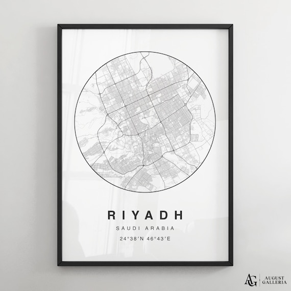 Riyadh Saudi Arabia Circular Map Black And White Minimalist Poster