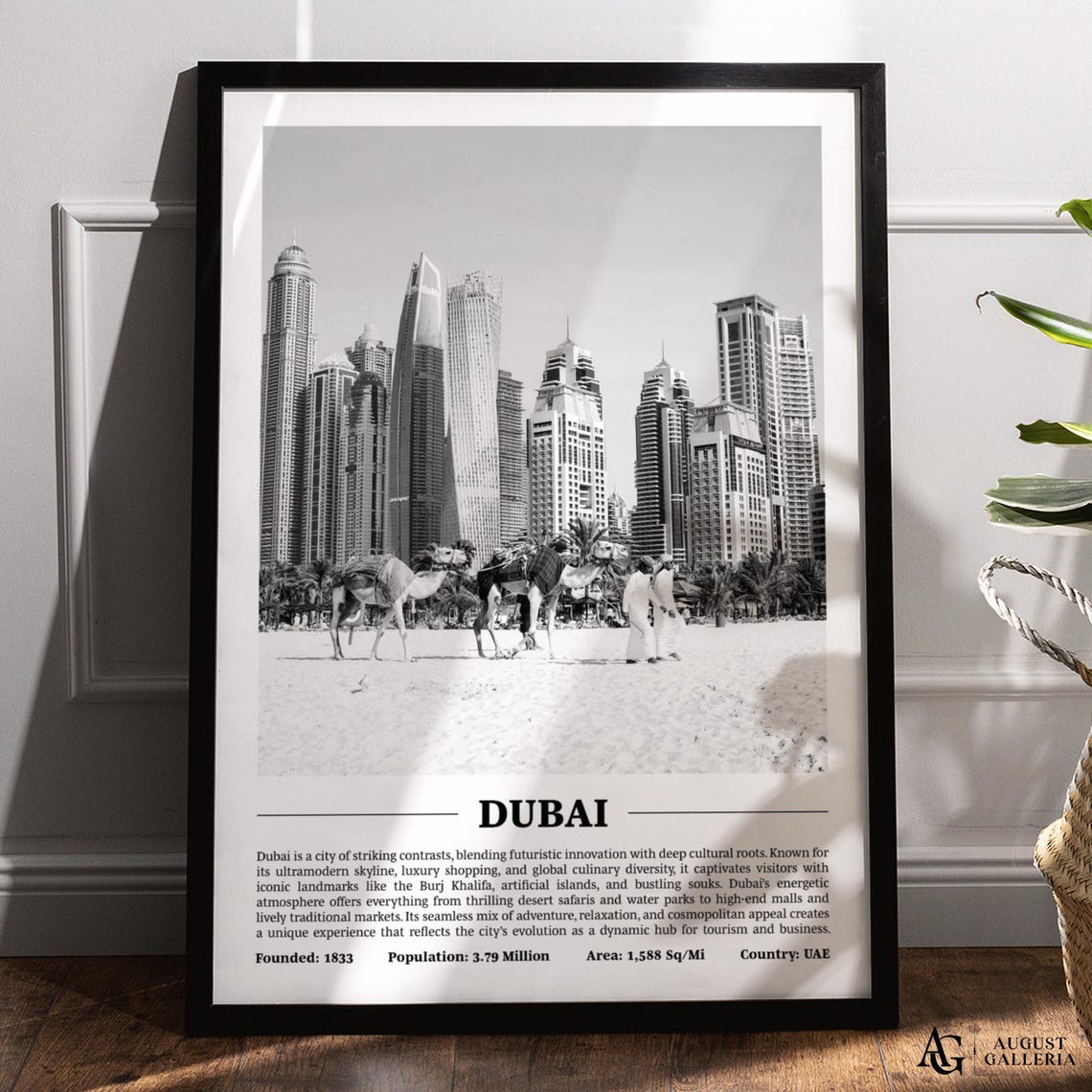 Dubai UAE Black And White Marina Skyline With Camels Beach Poster