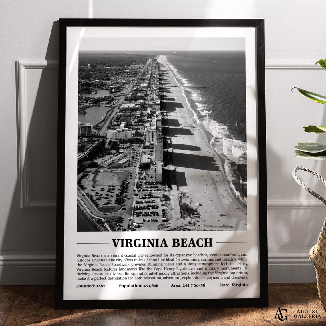 Virginia Beach Black and White Aerial Oceanfront Coast Poster