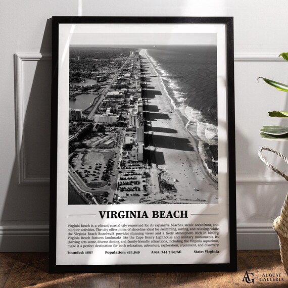 Virginia Beach Black and White Aerial Oceanfront Coast Poster