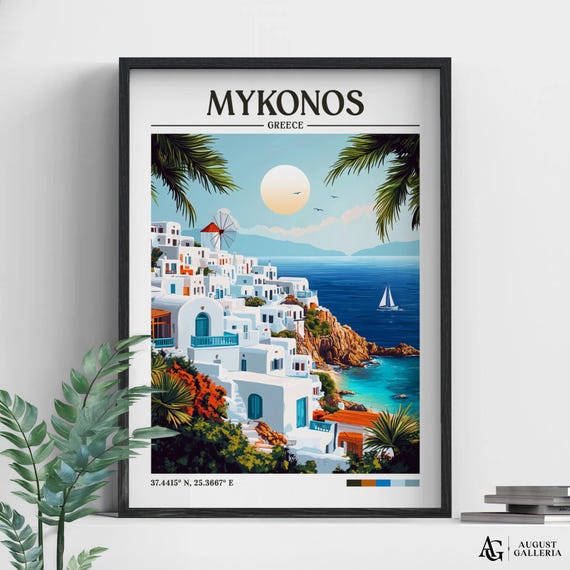 Mykonos Greece Retro Travel Print Wall Art Framed Canvas Poster Illustration Wanderlust