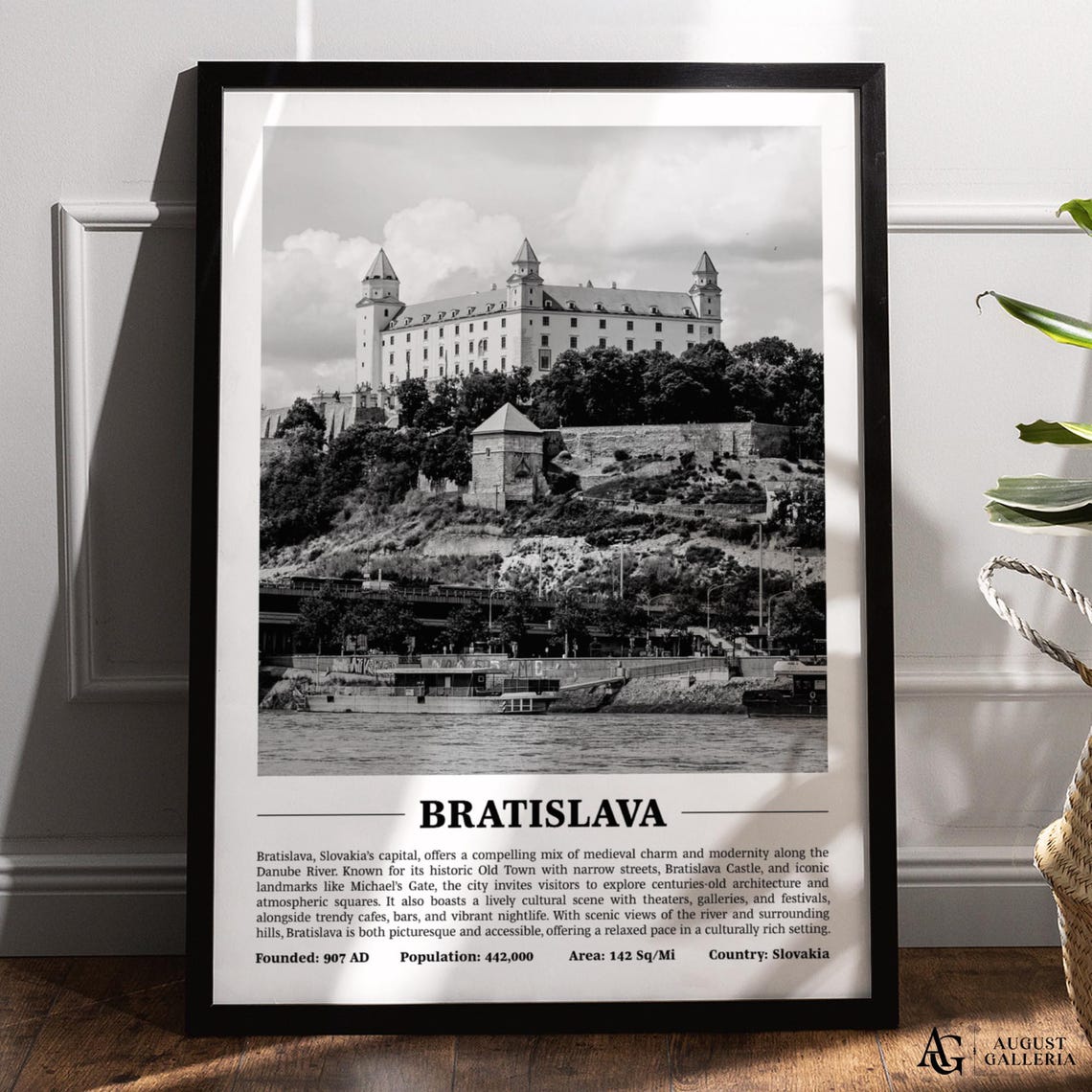 Bratislava Castle and Danube River Black and White City Travel Poster