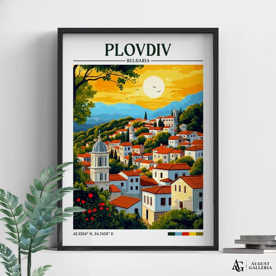 Plovdiv Bulgaria Vintage Ancient Old Town Sunset Travel Poster