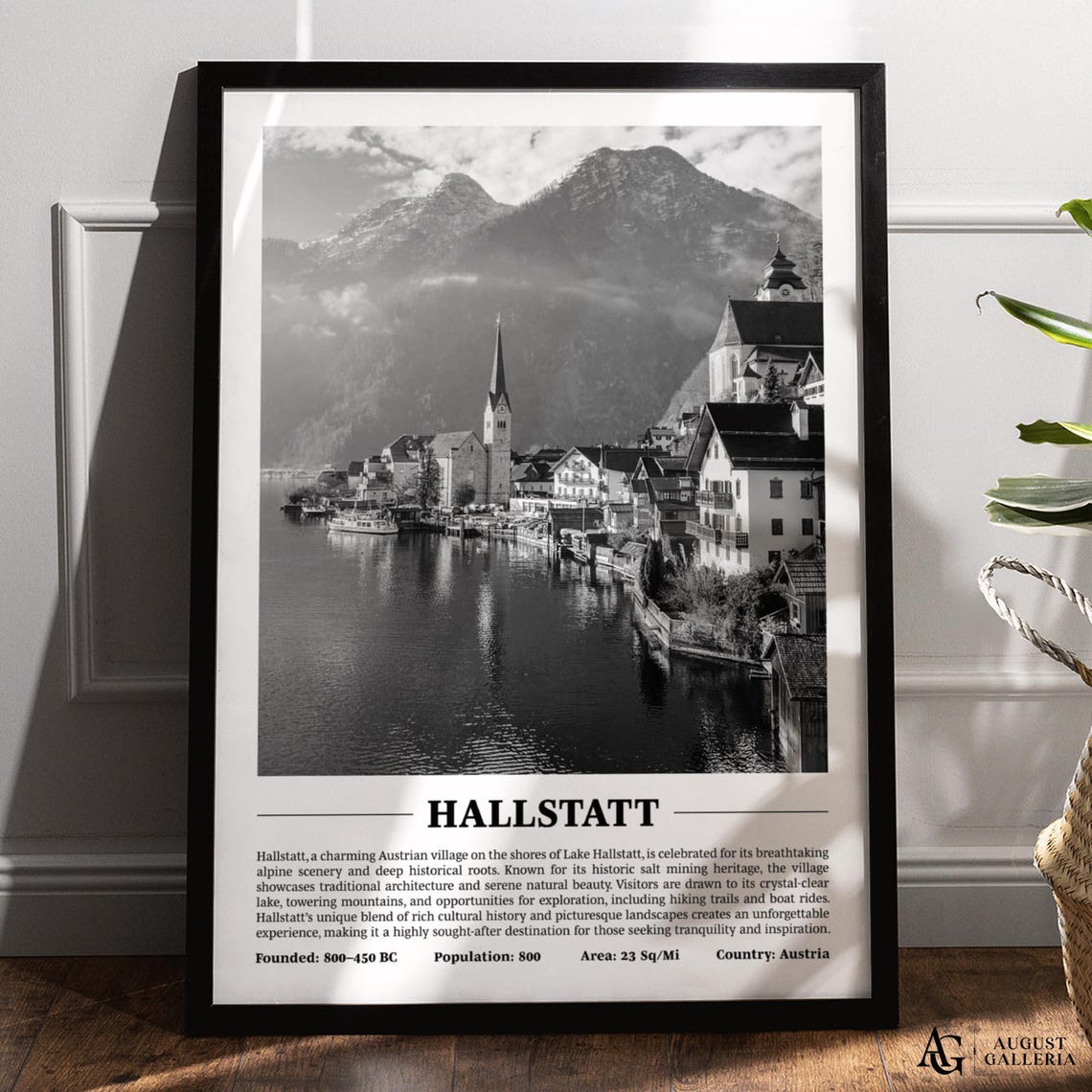 Hallstatt Austria Black and White Lake Village Travel Photo Poster