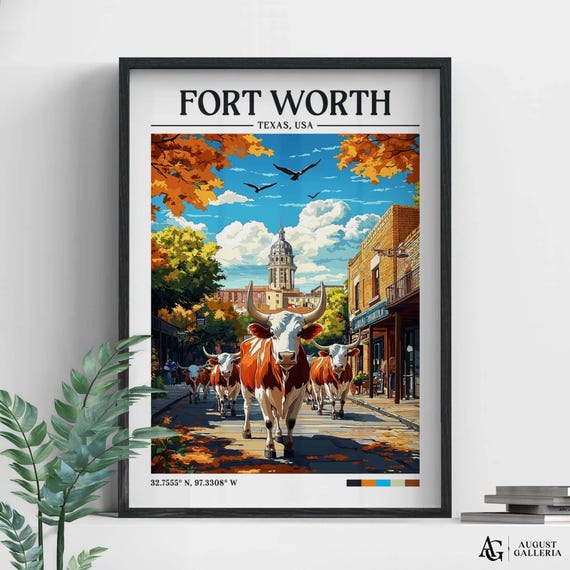 Fort Worth Texas Retro Travel Print Wanderlust Posters Illustration Wall Art Framed Prints Canvas Poster