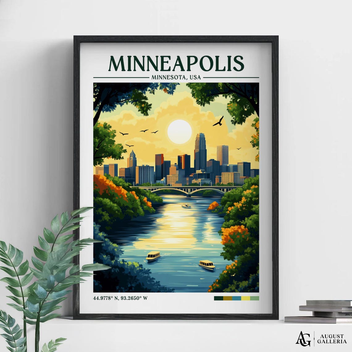 Minneapolis Minnesota Downtown Skyline River Sunset Travel Poster