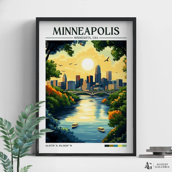 Minneapolis Minnesota Downtown Skyline River Sunset Travel Poster