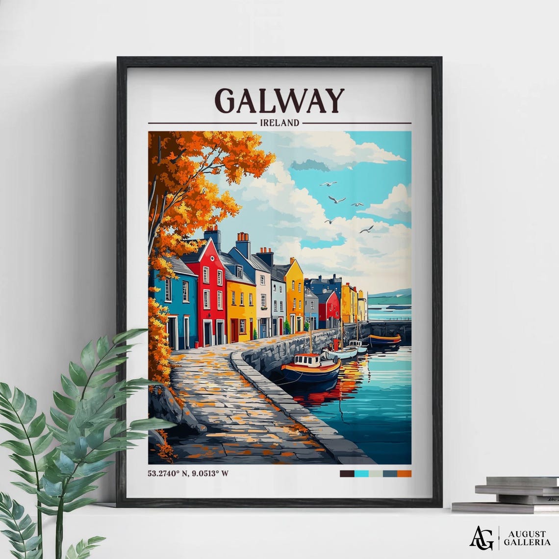 Galway Ireland Colorful Harbor Autumn Retro Travel Wall Art Gift