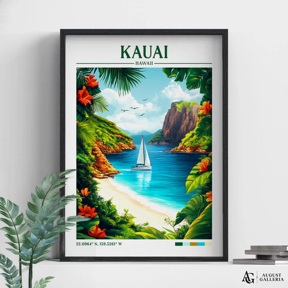 Kauai Hawaii Retro Travel Poster, Wanderlust