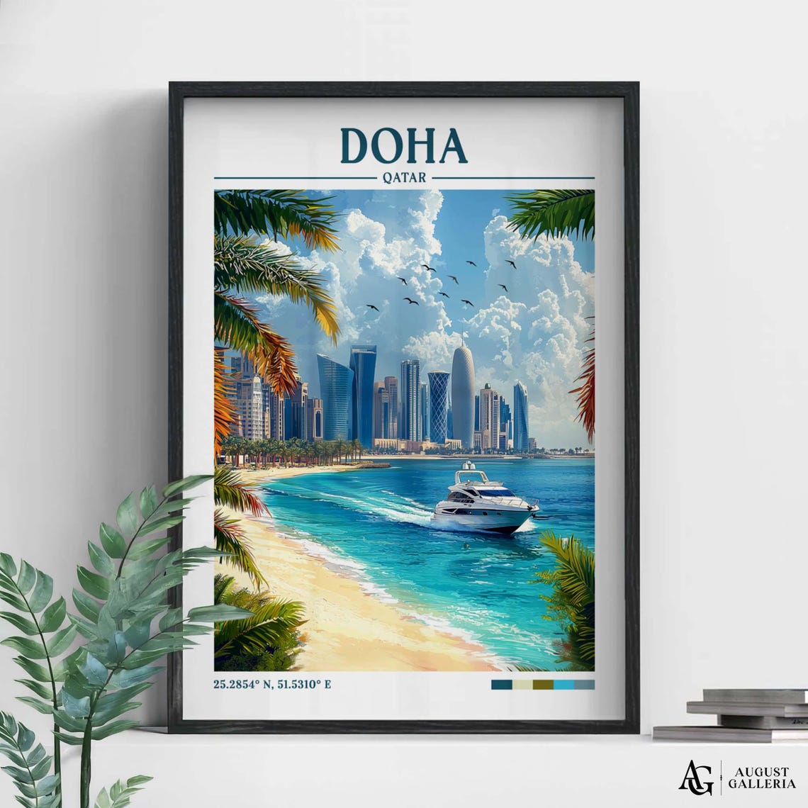 Doha Qatar Retro Travel Skyline Yacht Beach Turquoise Sunset Poster