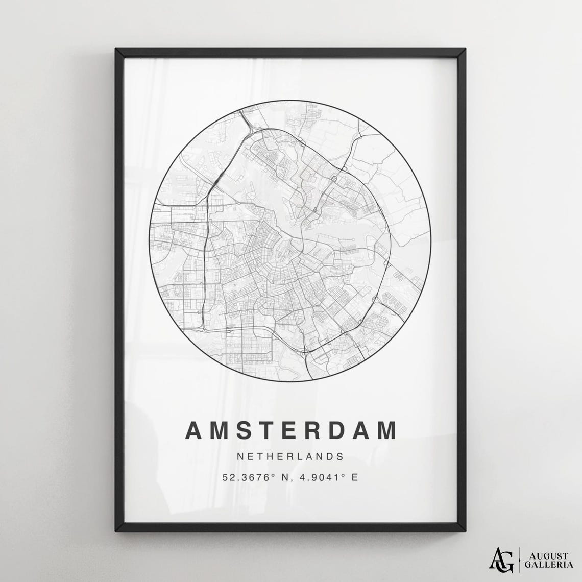 Amsterdam Netherlands Minimalist Black White Circular Map Poster